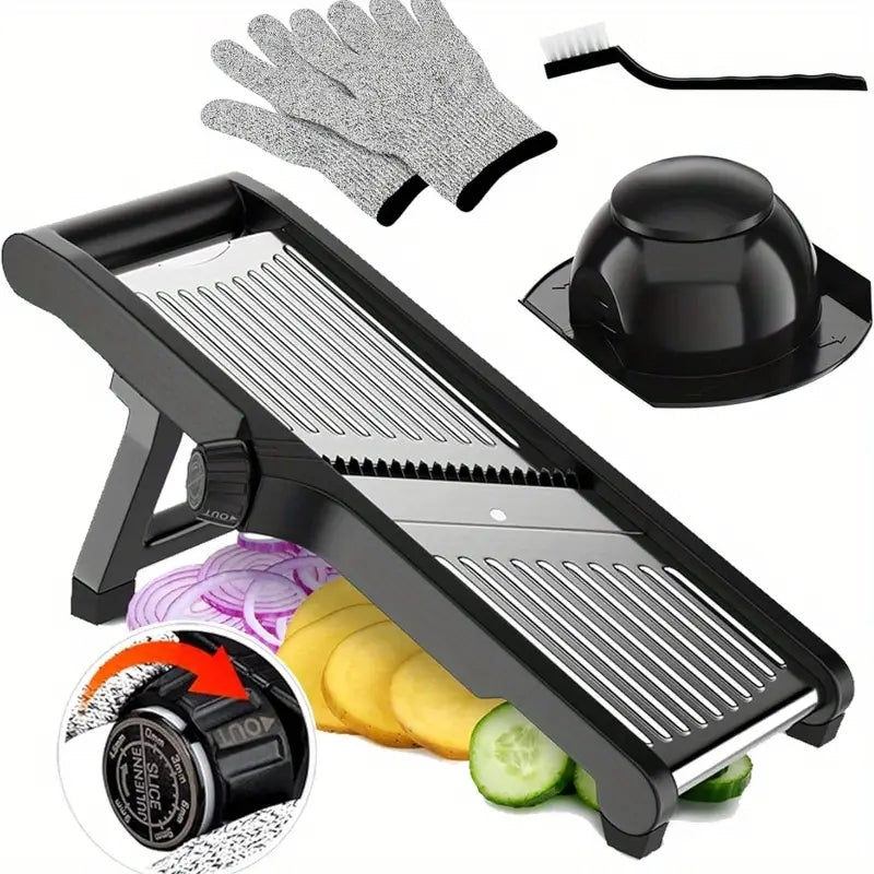 Heavy-Duty Adjustable Vegetable & Fruit Slicer with Safety Lock - Manual Kitchen slicer, Non-Slip Base