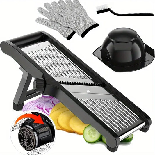 Heavy-Duty Adjustable Vegetable & Fruit Slicer with Safety Lock - Manual Kitchen slicer, Non-Slip Base